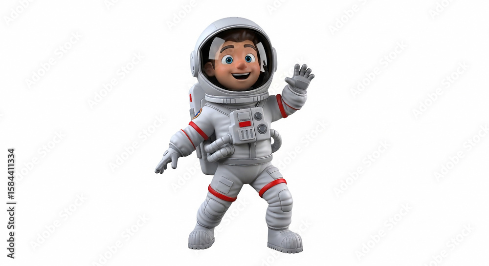 Fototapeta premium 3D Cartoon boy astronaut waving hello in white spacesuit with red accents character