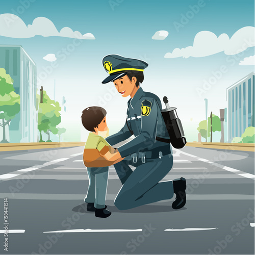 A PROFESSIONAL Police gently interacts with a toddler on a quiet city street. He kneels to be at the child's level, demonstrating kindness and caring. Suitable for themes of heroism and humanity