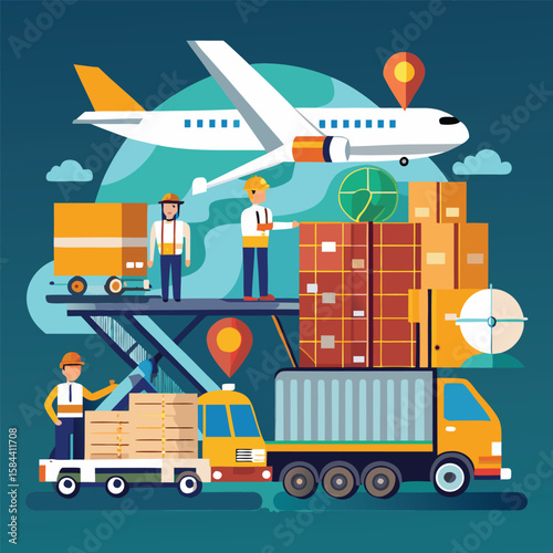 Logistics and transportation network illustration featuring airplane trucks and shipping containers
