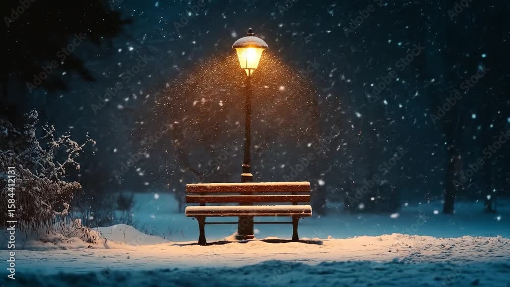 Snowcovered park bench illuminated by a single lamppost in a snowfall