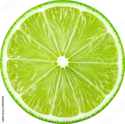 Close up of a lime's cross section showcasing its vibrant green flesh and juicy texture