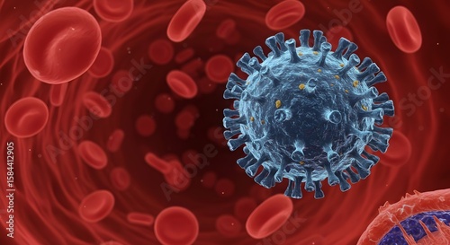 Microscopic enlargement of blue virus among red Blood cells in Artery - floating cells in body -covid, influenza, sars, corona, hiv, mers, cholera, variola, measles - disease organisms.