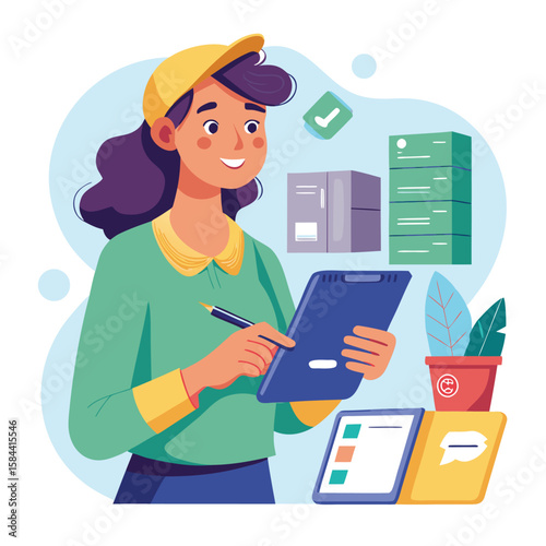 Female warehouse worker checking inventory on tablet with boxes and plant illustration