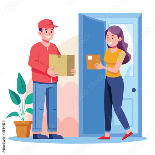 Delivery man delivering parcel to a happy customer standing at the doorstep illustration