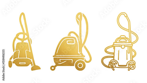 Golden stylized icons of three different types of vacuum cleaners on black background