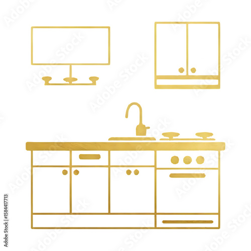 Golden outline of a modern kitchen with stove sink cabinets and range hood
