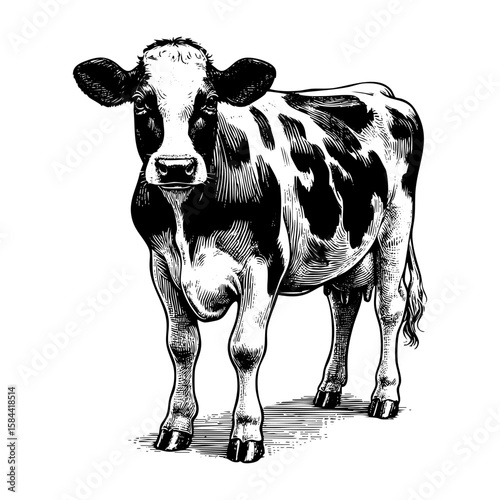 Dairy cow sketch engraving black and white outline. Scratch board imitation.  illustrated in vintage line art style on a white background.