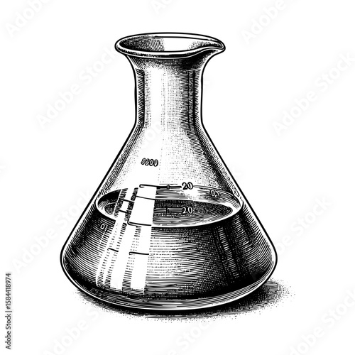 Beaker and erlenmeyer sketch engraving black and white outline. Scratch board imitation.  illustrated in vintage line art style on a white background.