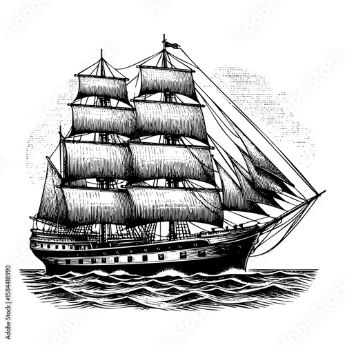 Retro ship engraving sketch engraving black and white outline. Scratch board imitation.  illustrated in vintage line art style on a white background.