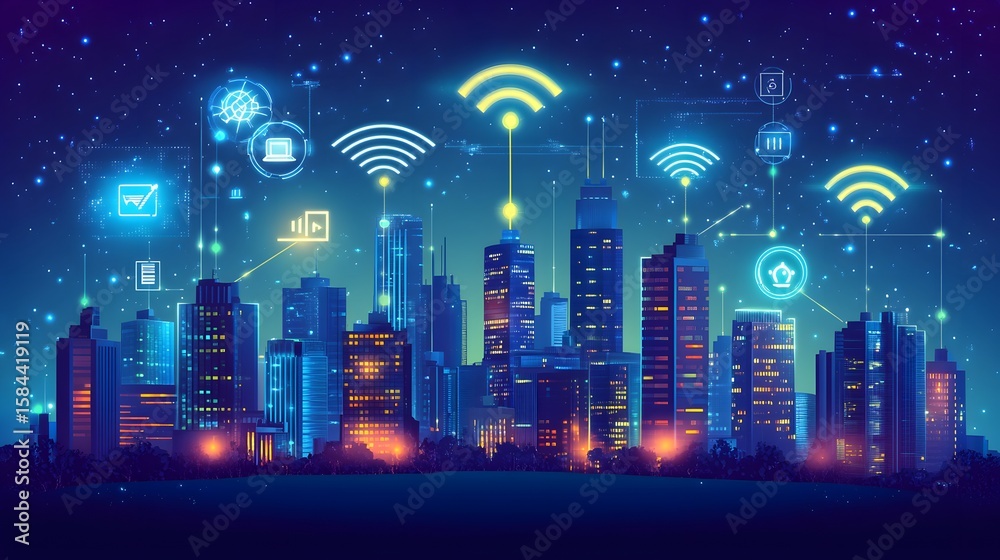 Obraz premium Illuminated cityscape at night, overlaid with interconnected technology symbols.