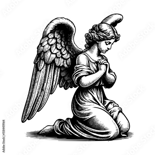 woman angel kneeling sketch engraving black and white outline. Scratch board imitation.  illustrated in vintage line art style on a white background.