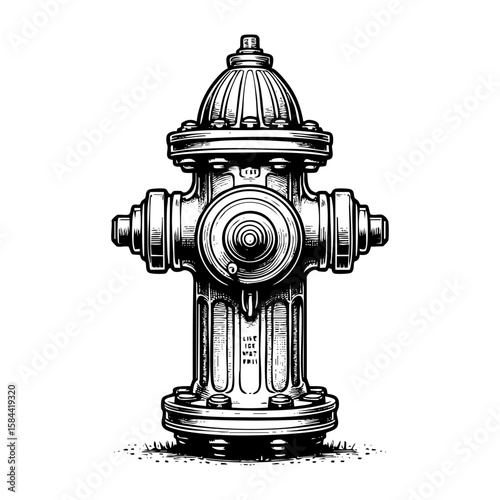 Water hydrant engraving black and white outline. Scratch board imitation.  illustrated in vintage line art style on a white background.