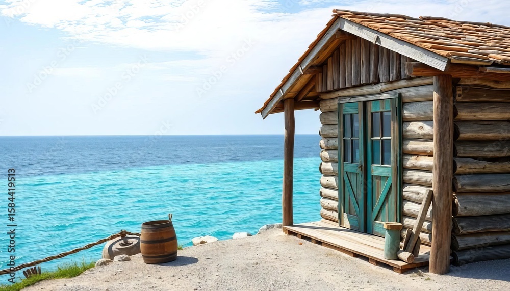 Fototapeta premium Rustic Rimini beach cabin, weathered wood, sea view, shabby chic, door