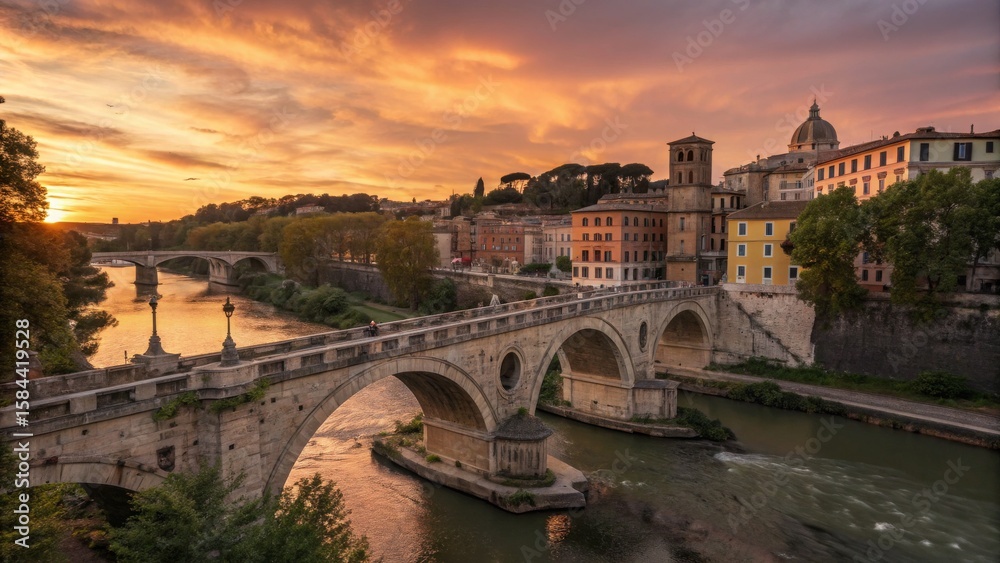 Fototapeta premium Sunset over Ponte Sisto, Rome Architectural Landscape Photography, Italy, Bridge, River, Cityscape Rome, Italy