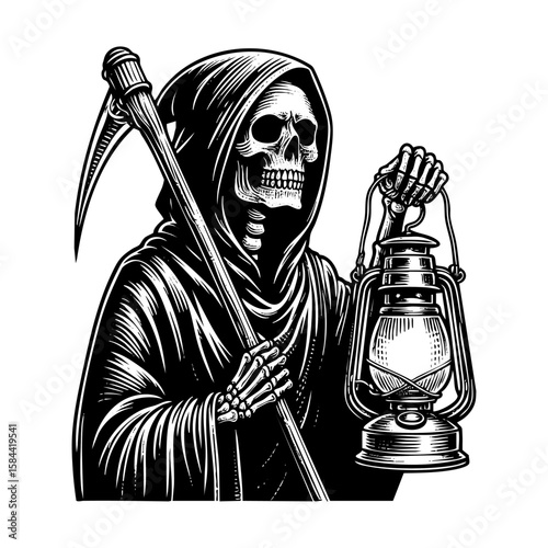 Grim reaper holding lantern sketch engraving black and white outline. Scratch board imitation.
