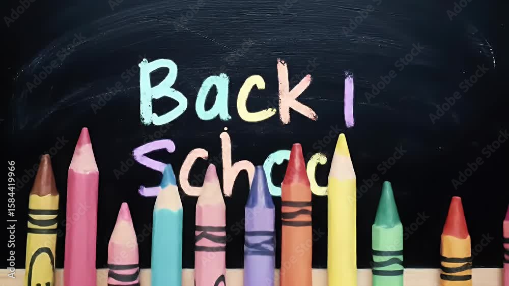 Colorful pencil and crayon row against dark chalkboard background