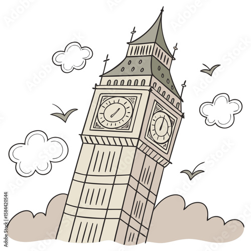 Cute Big Ben Tower Illustration with Clock Face and No Background. Perfect for: New Year's Eve, London travel season, British holidays