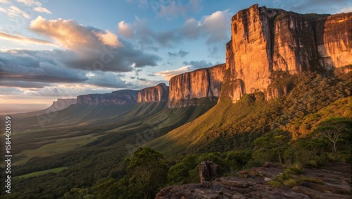 Sunset over the Chapada Diamantina's majestic cliffs, landscape photography, golden hour, Brazil. Chapada Diamantina, Brazil