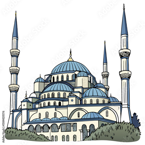 Cute Blue Mosque Illustration with Domes and Minarets, No Background. Perfect for: Ramadan, Eid, Istanbul cultural festivals