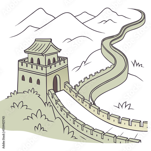 Cute Great Wall of China Winding Through Mountains, No Background. Perfect for: Chinese New Year, Mid-Autumn Festival, China National Day