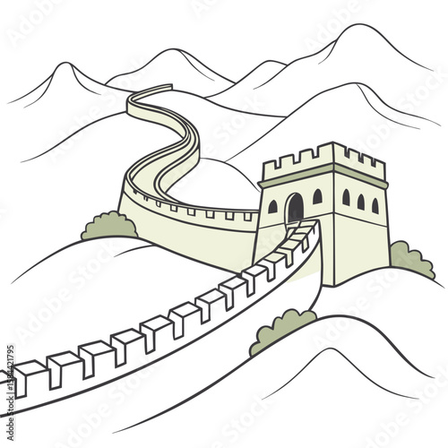 Cute Great Wall of China Winding Through Mountains, No Background. Perfect for: Chinese New Year, Mid-Autumn Festival, China National Day