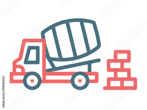 Concrete Mixer Truck with Bricks Construction Icon Illustration