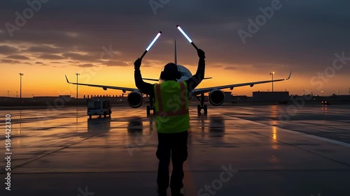 Silhouette Of Airport Worker Guiding Airplane With Glowing Wands Against A Dramatic Orange Sunset Sky During Rain