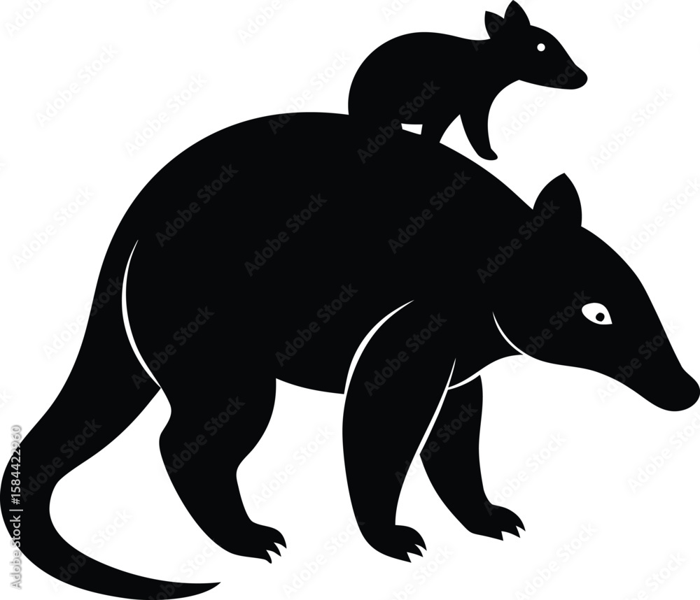 Fototapeta premium Silhouette of a Pangolin Mother Carrying a Baby on her Back