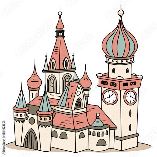 Cute Prague Castle with Spires and Clock Tower, No Background. Perfect for: Prague Spring, Czech National Day, European castle tours