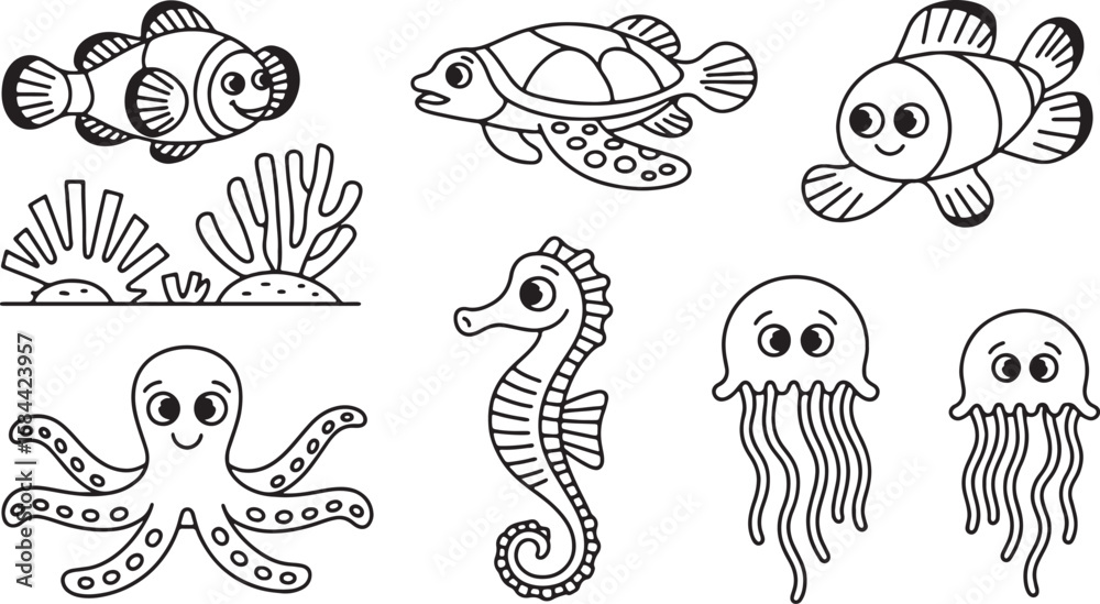 Fototapeta premium Cute cartoon sea creatures and coral clownfish turtle