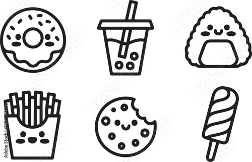Cute food icons donut bubble tea onigiri fries cookie popsicle french fries
