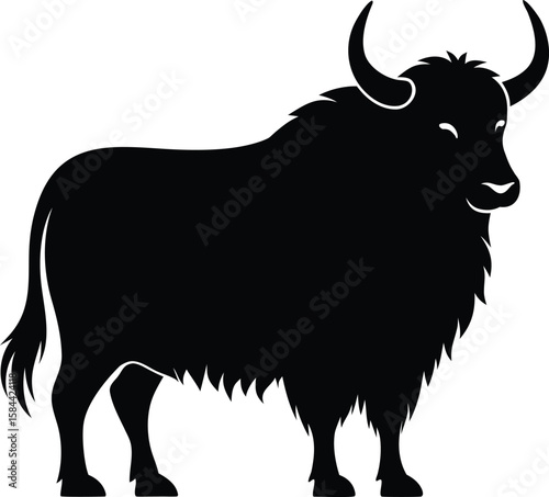 Silhouette of a Standing Yak with Long Fur and Horns
