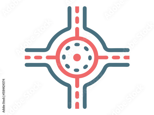 Roundabout Road Intersection Icon Illustration with Red and Blue Colors