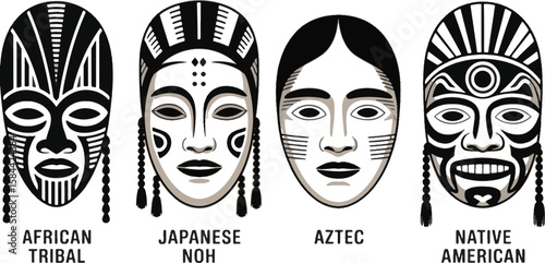 Diverse cultural masks tribal noh aztec native american african japanese