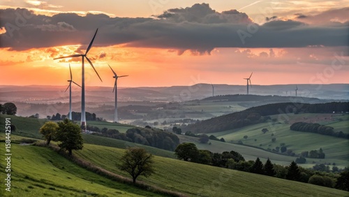 Sunset Wind Turbines Landsc...