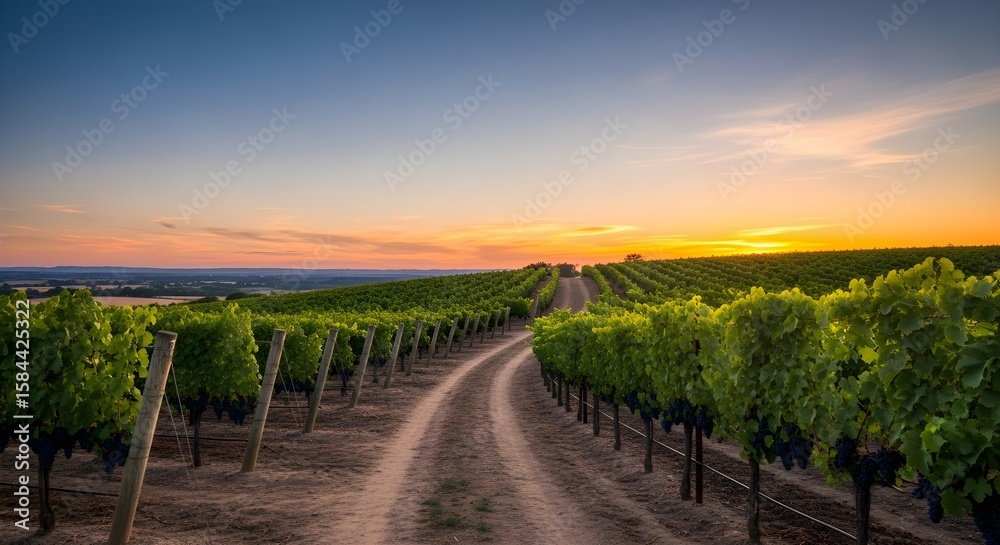 Fototapeta premium Vineyard Sunset Path: Rows of Grapes at Golden Hour