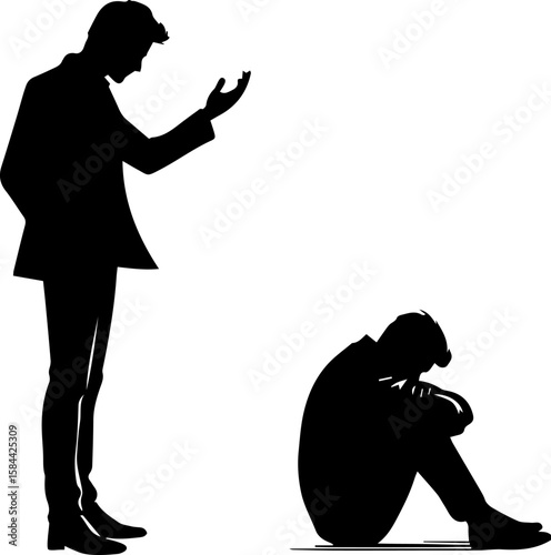 Silhouette of man expressing disappointment to another sitting in despair ,tears after an argument 