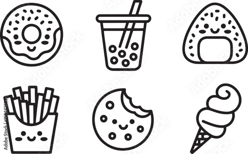 Happy food icons donut bubble tea onigiri french fries cookie ice cream vector