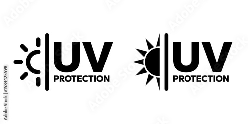 UV protection icon set. UV radiation icon. Ultraviolet symbol. Sun uv protection icons. Sunscreen spf logo. UPF sun protection label product. Skincare illustration, sign for cosmetics packaging.