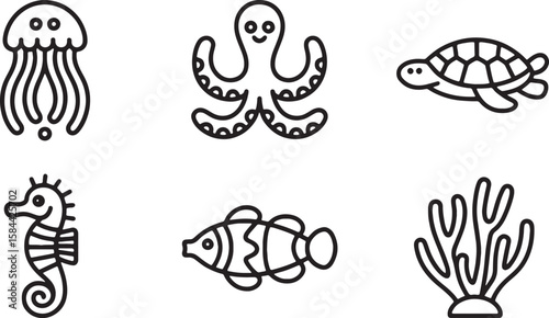 Marine life icons jellyfish octopus turtle seahorse clownfish coral vector