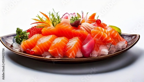 sashimi slice on plate with ice at wood table tray