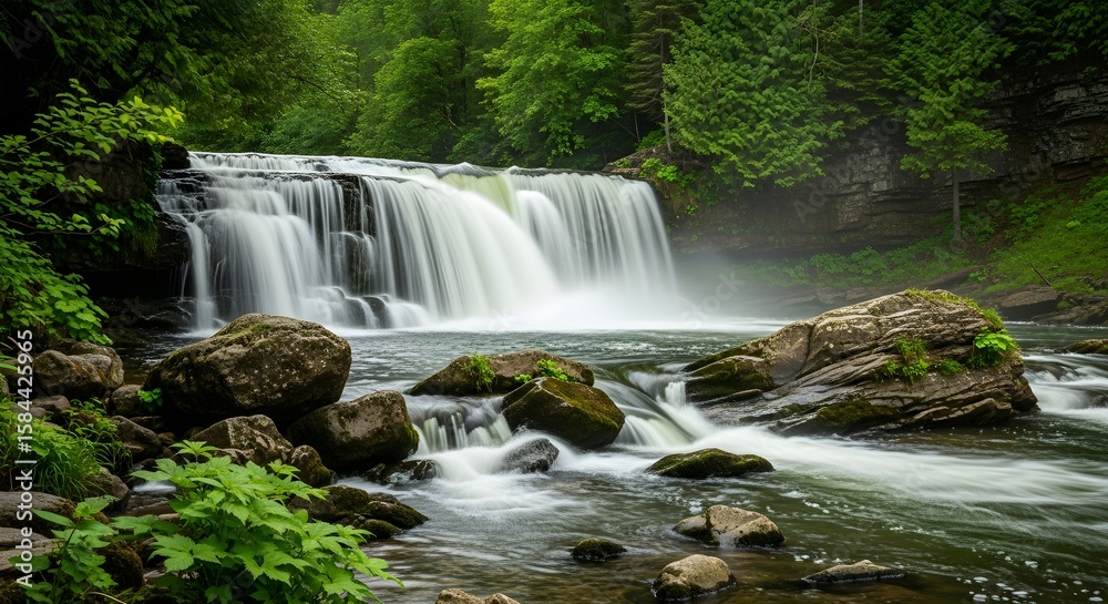 Fototapeta premium Serene Waterfall Cascading Through Lush Green Forest