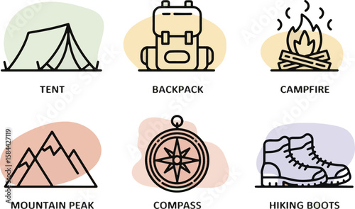 Outdoor adventure gear tent backpack campfire mountains compass hiking boots mountain peak
