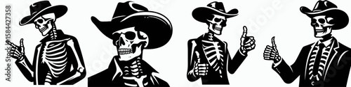 Skeleton as cowboy Giving a nod of acknowledgment. Halloween Skull Bones Clipart Line Art Vector Illustration. Western bone figure like rancher offering head dip sign okay.