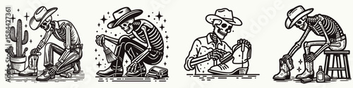 Skeleton as cowboy Cleaning or polishing boots. Halloween Skull Bones Clipart Line Art Vector Illustration. Bony figure like rancher maintaining footwear with brush and cloth.