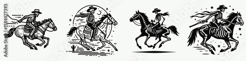 Skeleton as cowboy Riding a horse. Halloween Skull Bones Clipart Line Art Vector Illustration. Bony figure like rancher atop steed for western adventure theme asset.