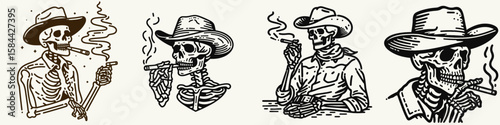 Skeleton as cowboy Rolling a cigarette. Halloween Skull Bones Clipart Line Art Vector Illustration. Bony western hero preparing tobacco roll bad habit pose.