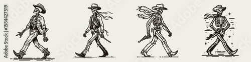 Skeleton as cowboy Walking with a swagger. Halloween Skull Bones Clipart Line Art Vector Illustration. Bony gunslinger strut skeletal rancher jaunty gait western concept.