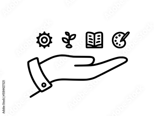 hand holding icons line art, forearm with open palm balancing cog, seedling, book and artist palette, rolled sleeve