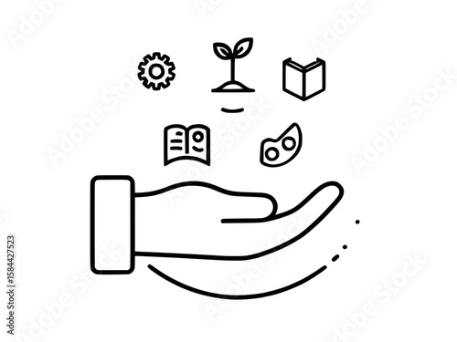 hand holding icons line art, forearm with open palm balancing cog, seedling, book and artist palette, rolled sleeve